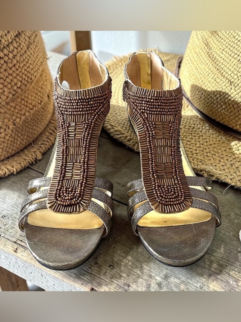 Nine West Brown and Gold Metallic Beaded Sandals
